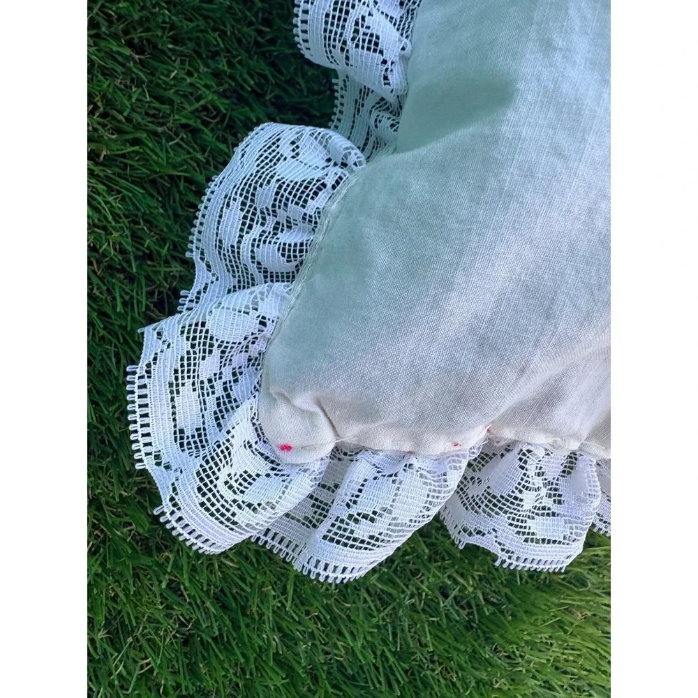 Vintage Quilted Christmas Tree Throw Pillow White Lace Ruffle Trim Holiday Decor